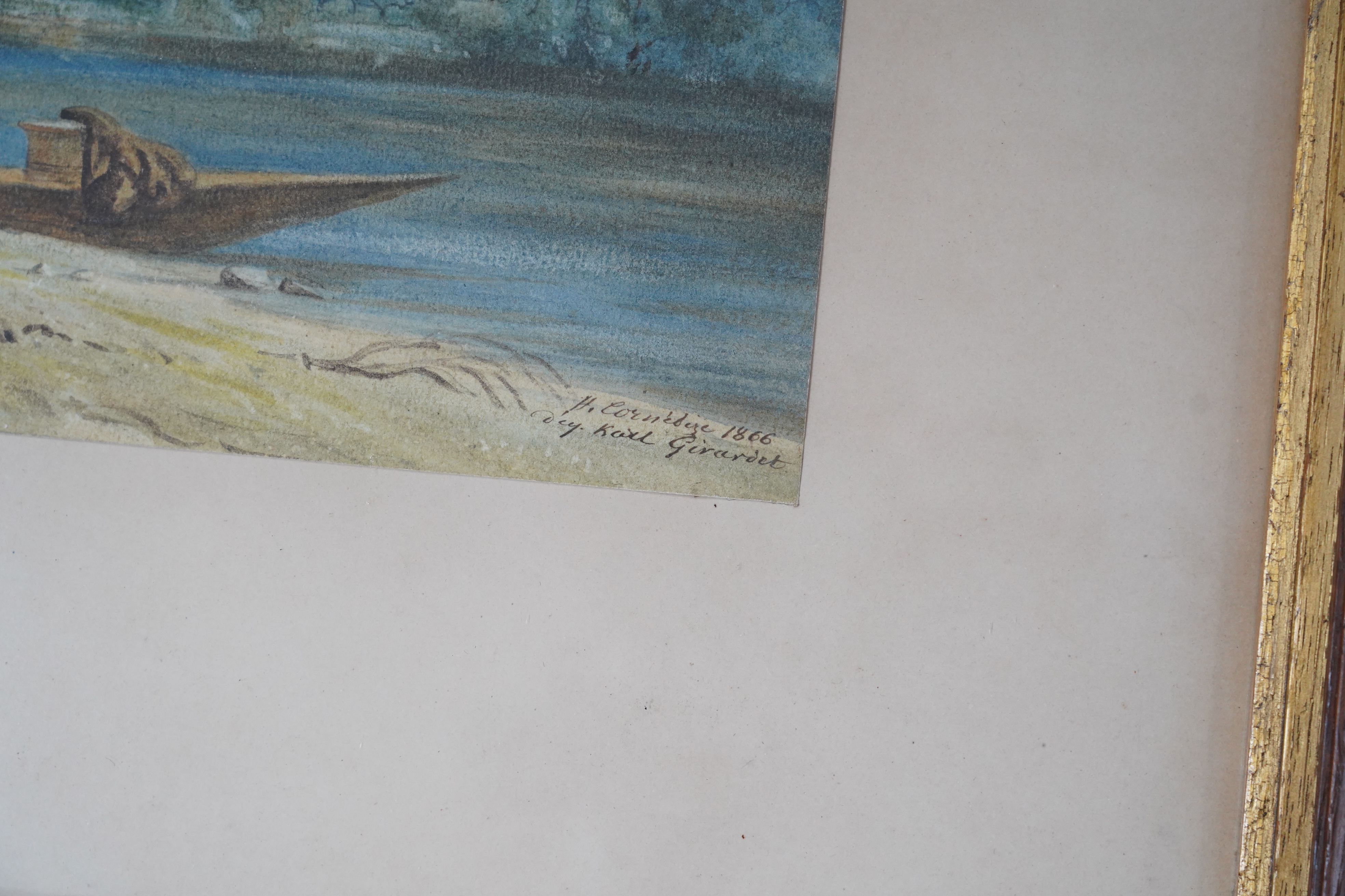 Karl Girardet (1813-1871), watercolour, Swiss mountainous landscape, signed and dated 1866, 34 x 56cm. Condition - fair, discolouration to the paper throughout